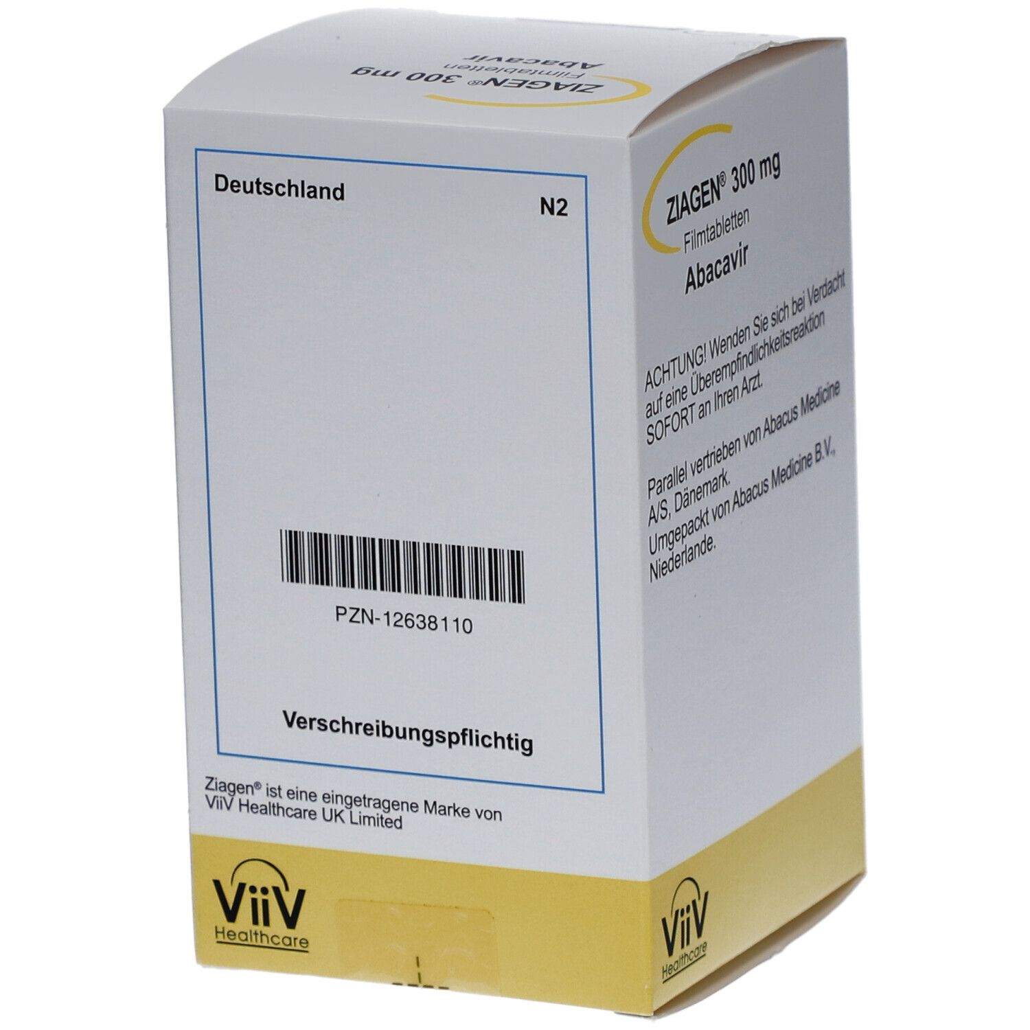 Schachtel mit ZIAGEN 300 mg. Barcode und Text: Verschreibungspflichtig. ViiV Healthcare Logo.