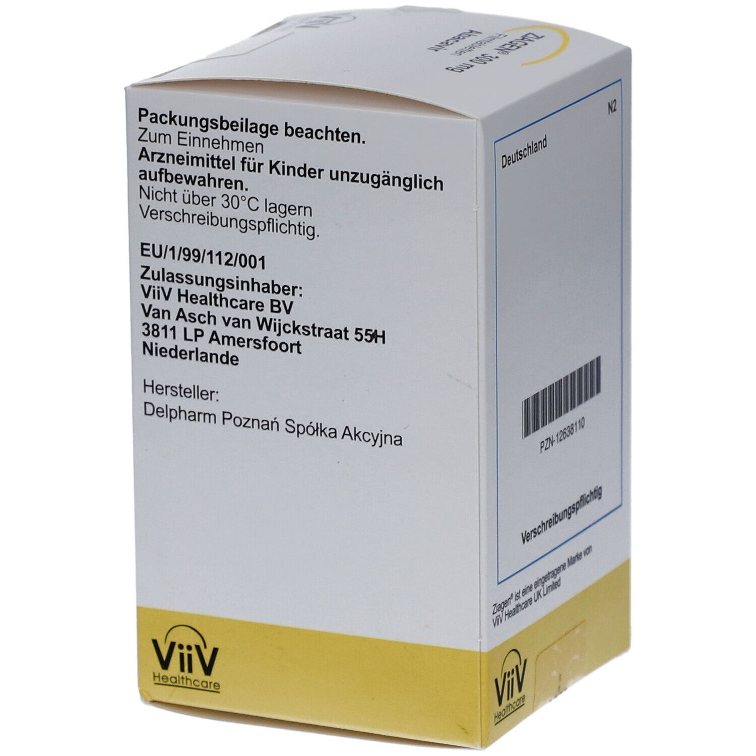 Schachtel mit ZIAGEN 300 mg. Text: Packungsbeilage beachten. ViiV Healthcare Logo.