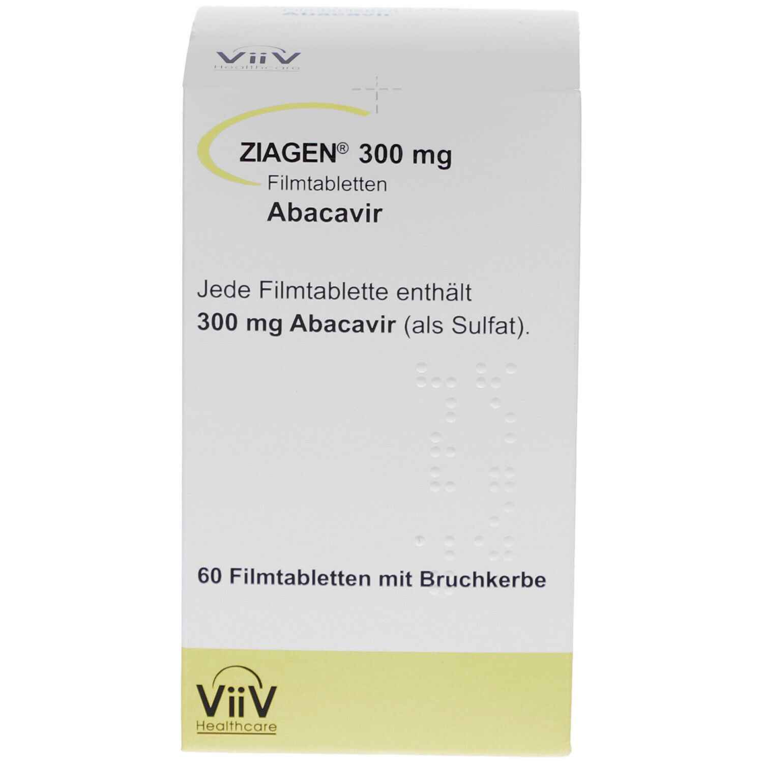 Weiße Schachtel mit ZIAGEN 300 mg. Enthält 60 Filmtabletten mit Abacavir. ViiV Healthcare Logo.