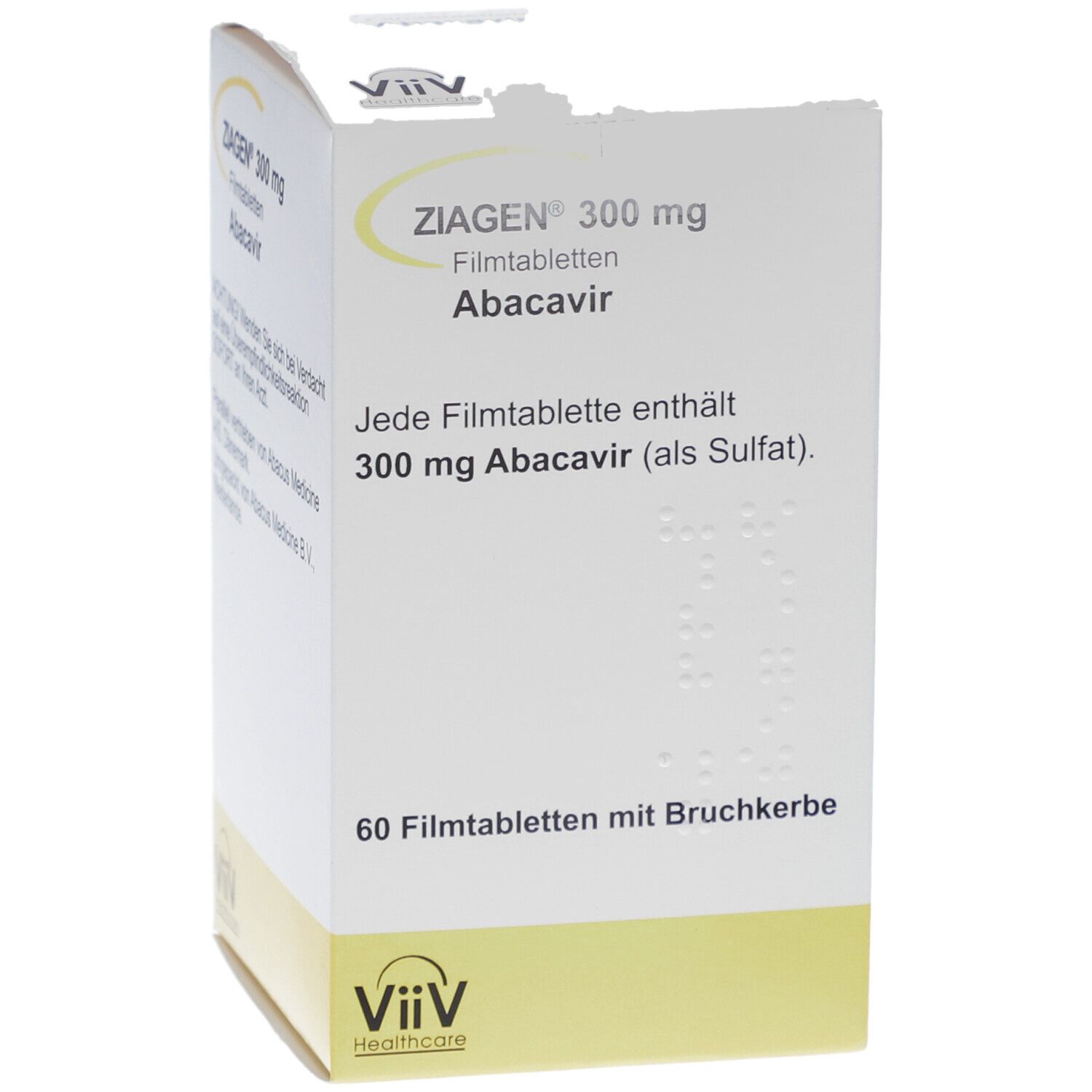 Schachtel mit ZIAGEN 300 mg. Enthält 60 Filmtabletten mit Abacavir. ViiV Healthcare Logo.
