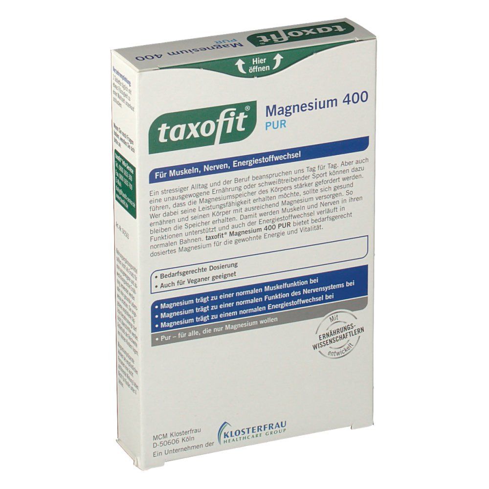 Rückseite der Schachtel taxofit Magnesium 400 PUR. Text über die Vorteile von Magnesium. Logo: Mit Erfahrung und Wissenschaft.