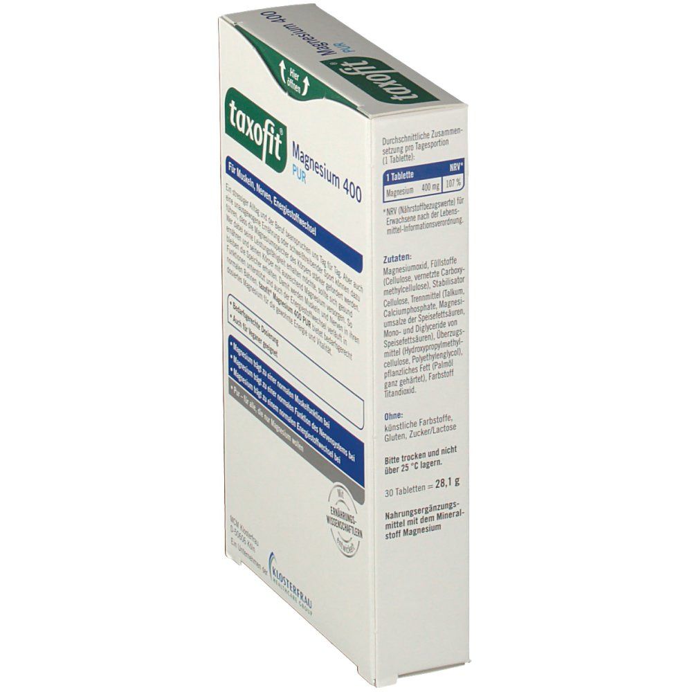 Seite der Schachtel taxofit Magnesium 400 PUR. Text über Inhaltsstoffe und Dosierung. Logo: Mit Erfahrung und Wissenschaft.