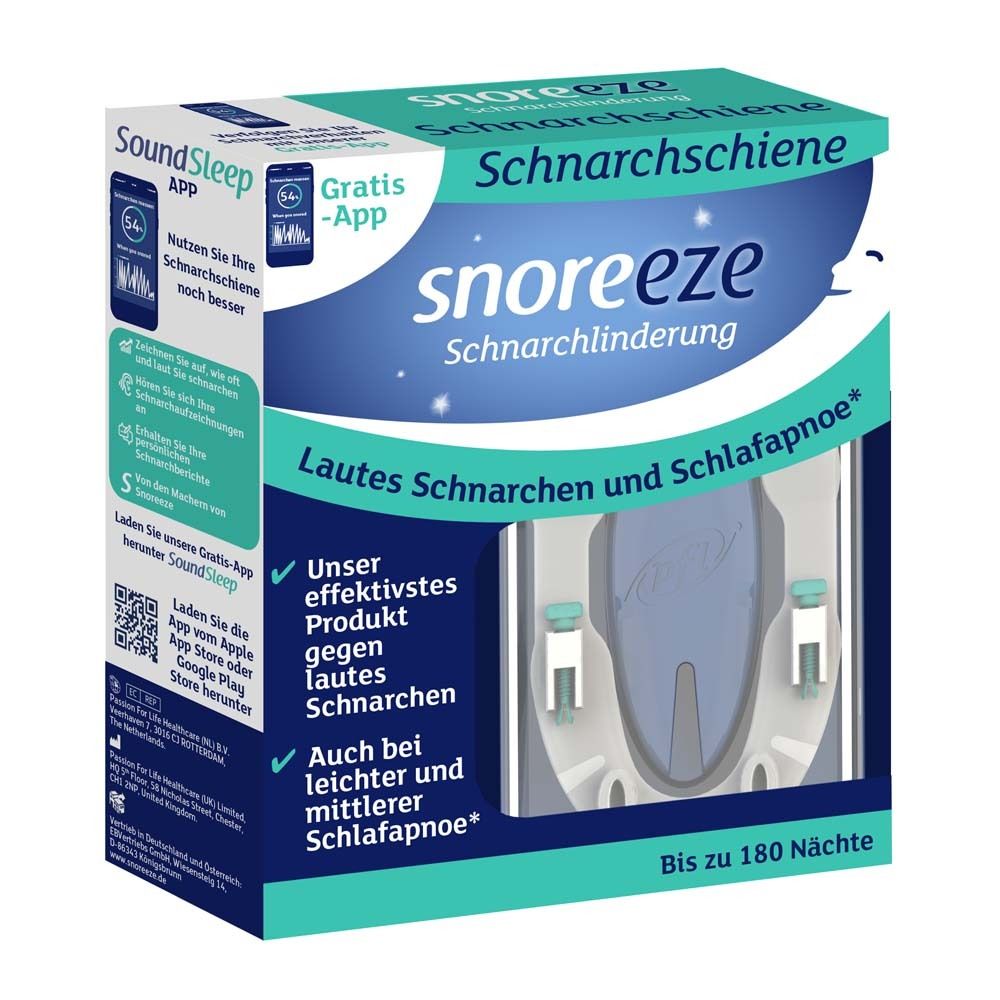 Verpackung von Schnarchschiene. Produktname: snoreeze Schnarchschiene. Enthält App-Informationen. Bis zu 180 Nächte.
