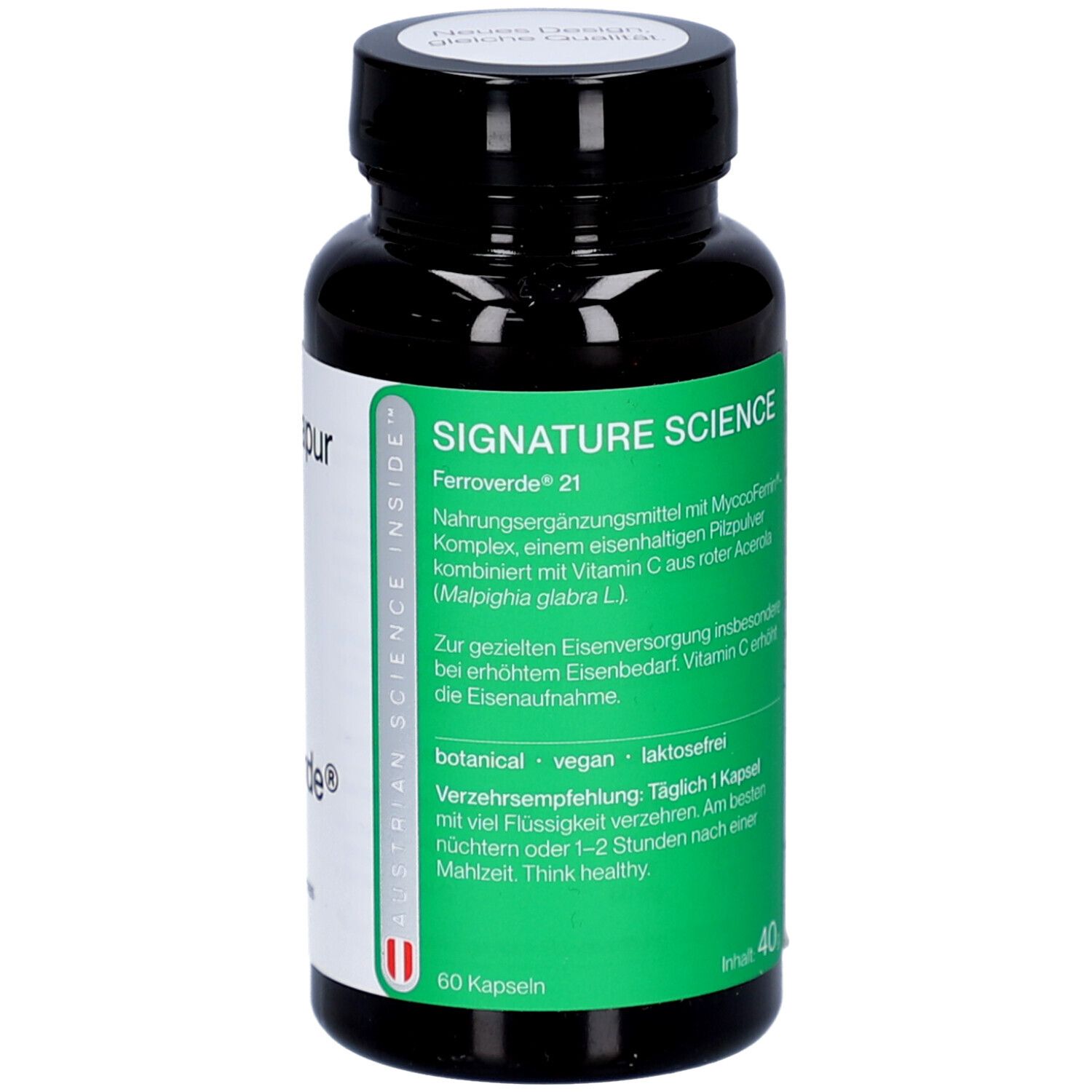 Braune Flasche mit weißem Etikett. Aufschrift: NICApur Ferroverde 21. Inhaltsstoffe. Silberner Deckel. 60 Kapseln.