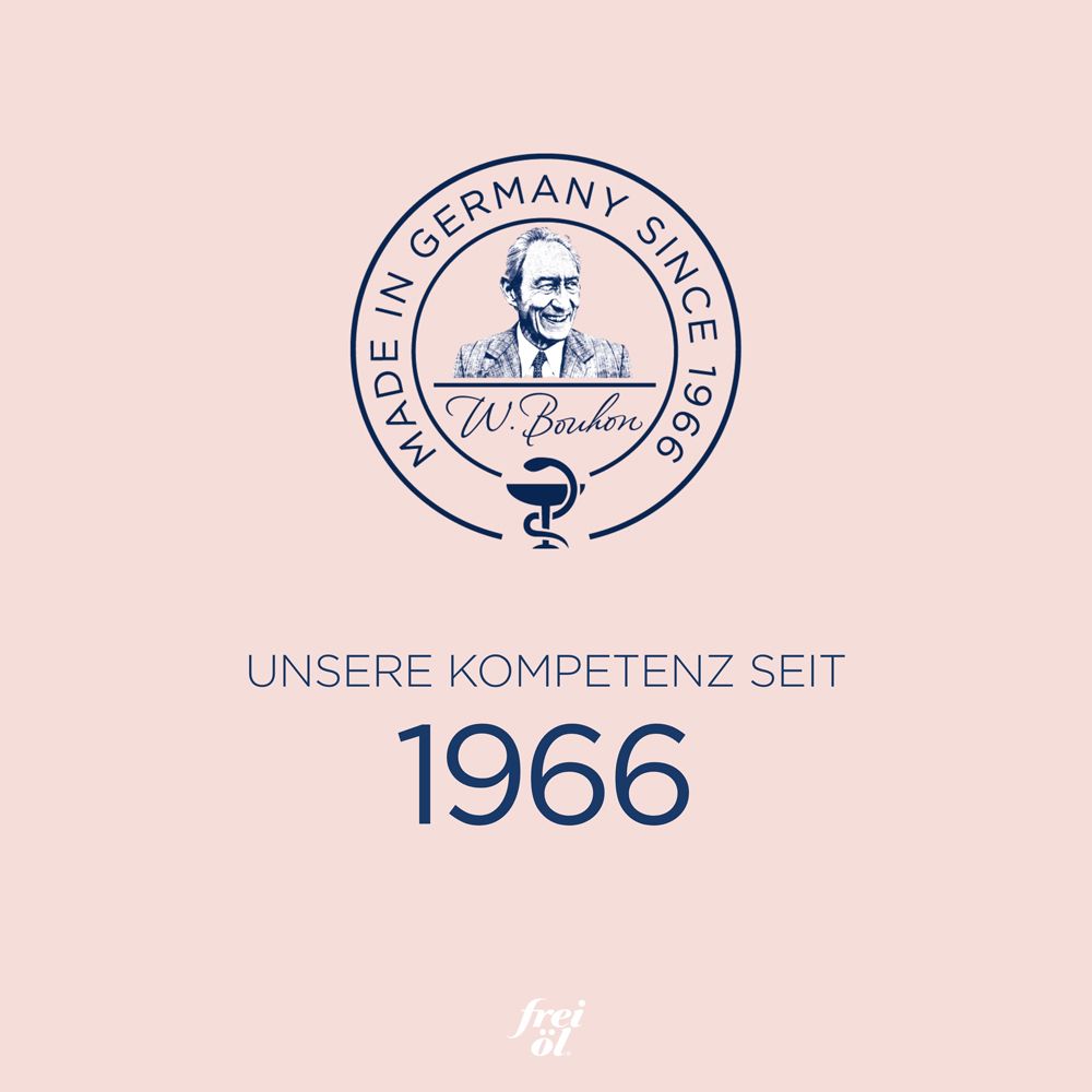 Siegel mit Porträt und Text 'Made in Germany since 1966 W. Bouhon'. Darunter 'Unsere Kompetenz seit 1966'. Unten 'frei öl'.