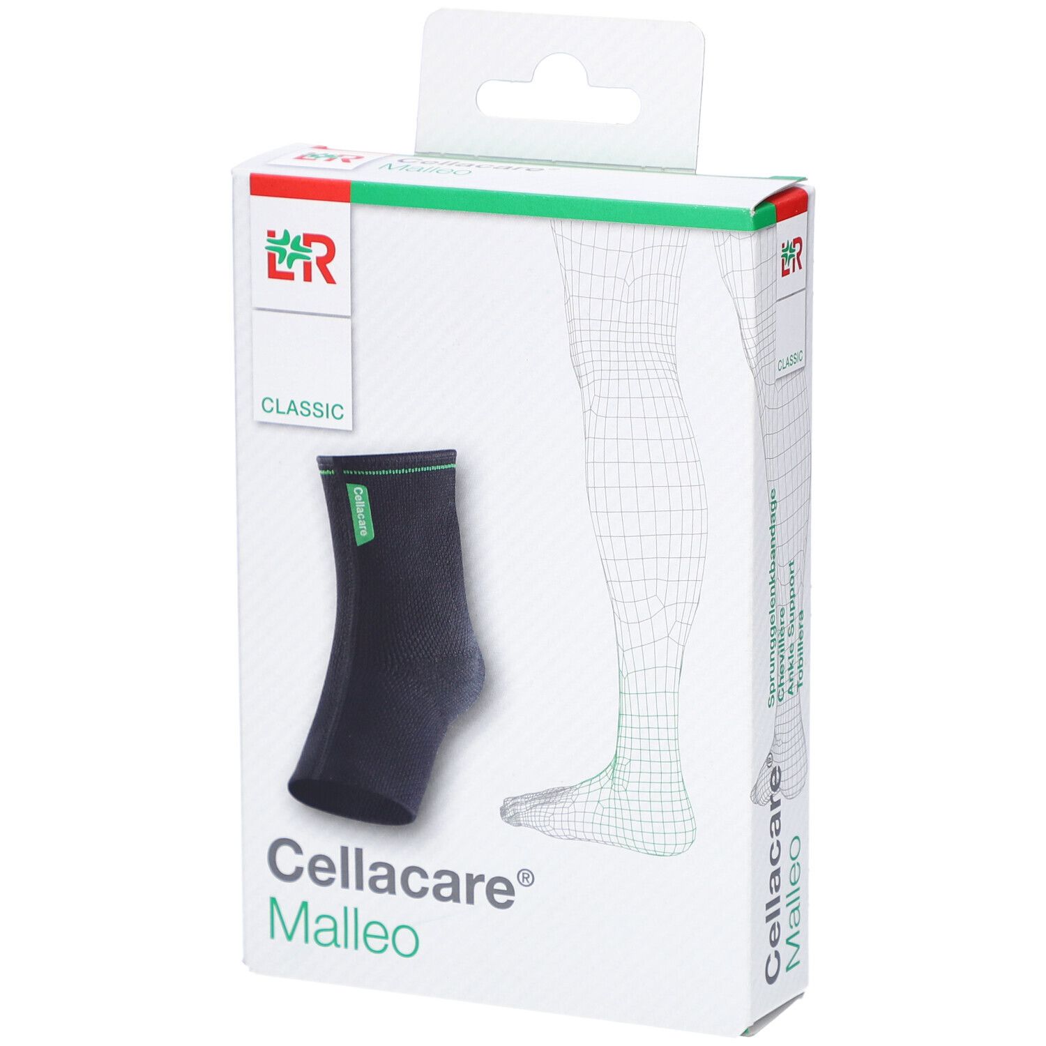 Verpackung der Cellacare Malleo Classic Sprunggelenkbandage. Produktabbildung und Bein-Illustration.