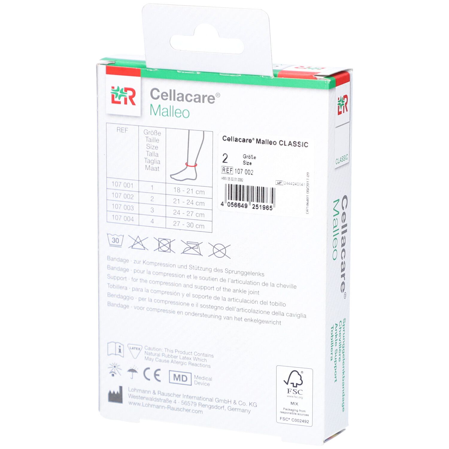 Rückseite der Cellacare Malleo Classic Verpackung. Größenangaben, Waschsymbole und Herstellerinformationen.