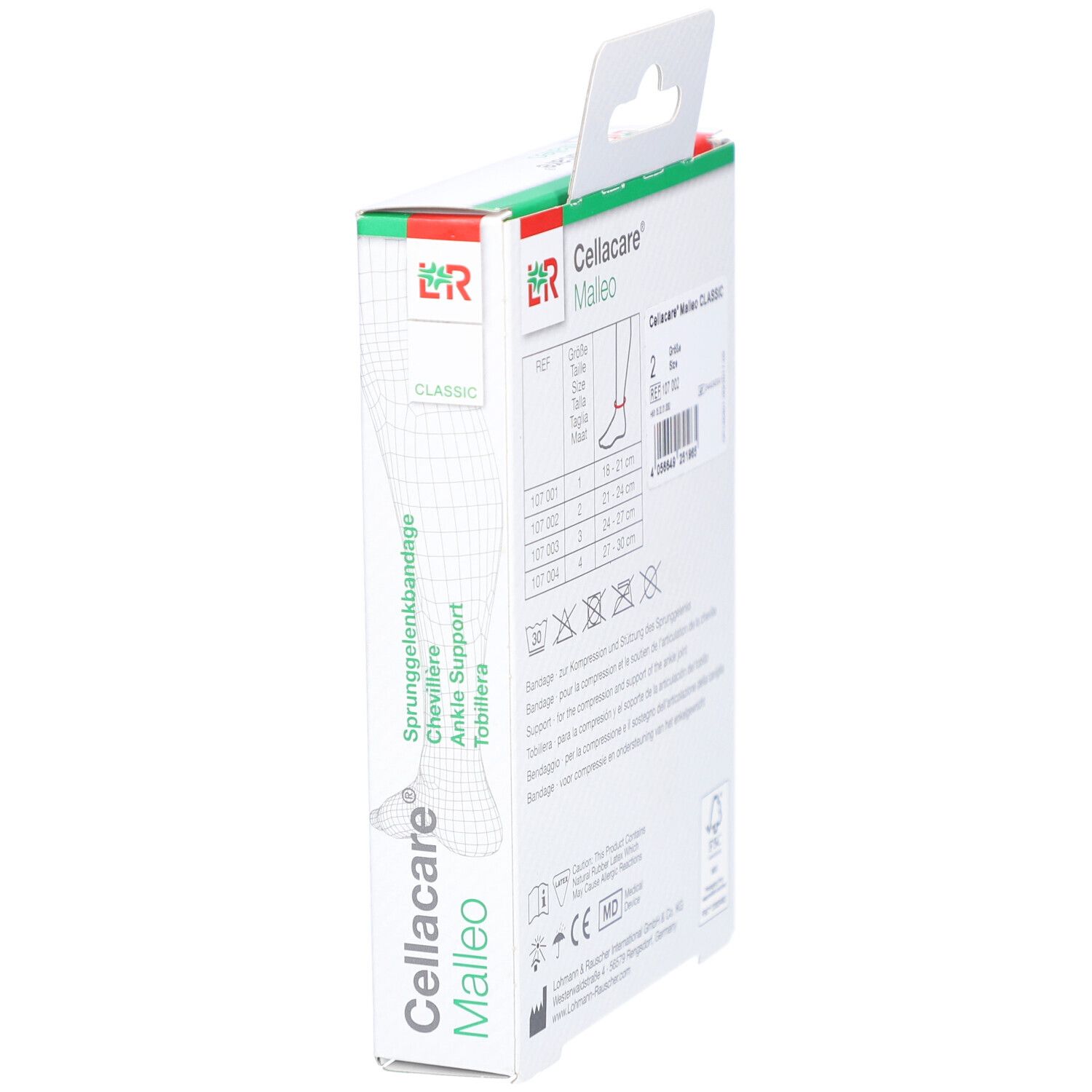 Cellacare Malleo Classic Verpackung. Seitenansicht mit Produktabbildung und Größenangaben.