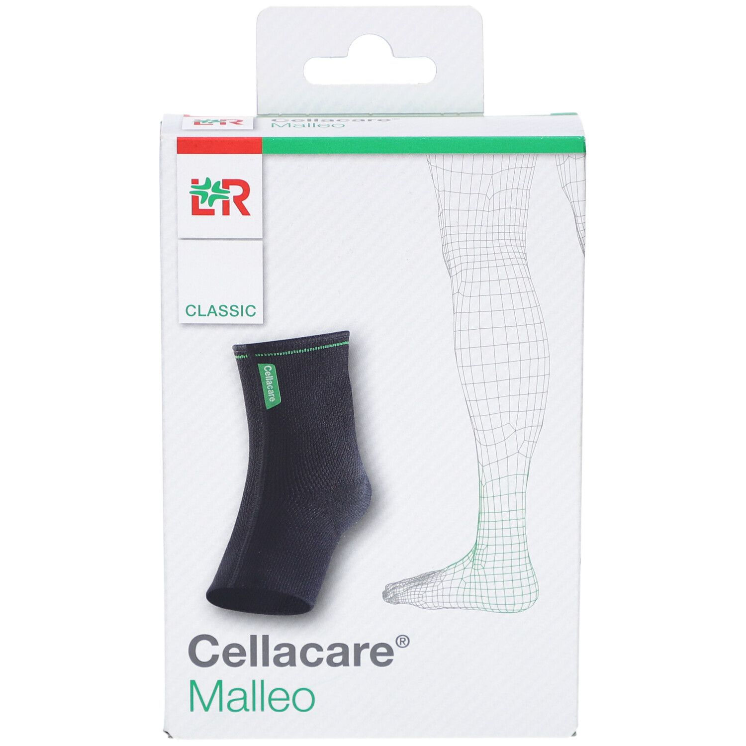 Cellacare Malleo Classic Sprunggelenkbandage in Verpackung. Produktabbildung und Bein-Illustration.
