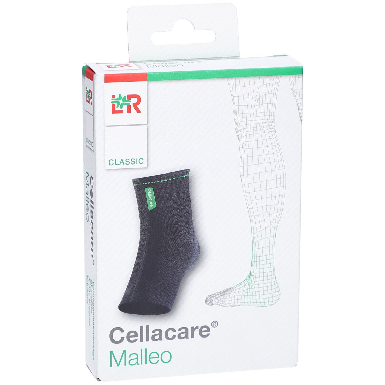 Cellacare Malleo Classic Sprunggelenkbandage in Verpackung. Produktabbildung und Bein-Illustration.