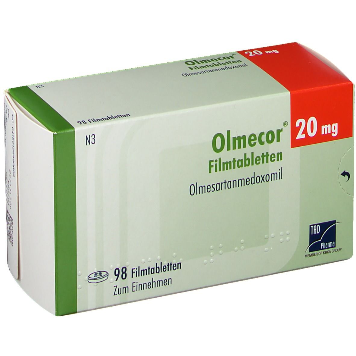Olmecor 20 mg Filmtabletten-Packung. Grün-weißes Design mit rotem Akzent. Enthält 98 Tabletten. Aufschrift: Olmesartanmedoxomil.