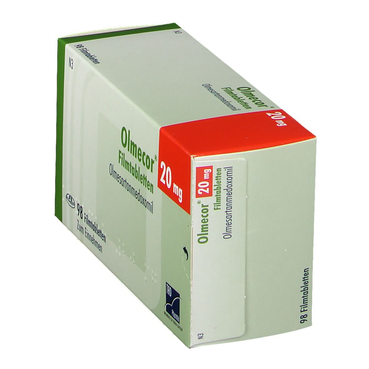 Olmecor 20 mg Packung, schräg. Grün-weißes Design mit rotem Akzent. Enthält 98 Filmtabletten. Aufschrift: Olmesartanmedoxomil.