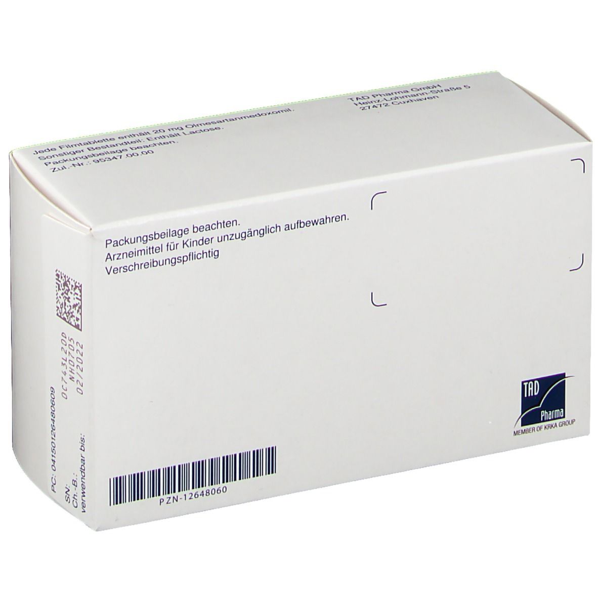 Rückseite der Olmecor 20 mg Packung. Weiß mit Text und Barcode. Enthält Informationen zur Anwendung und Hersteller.