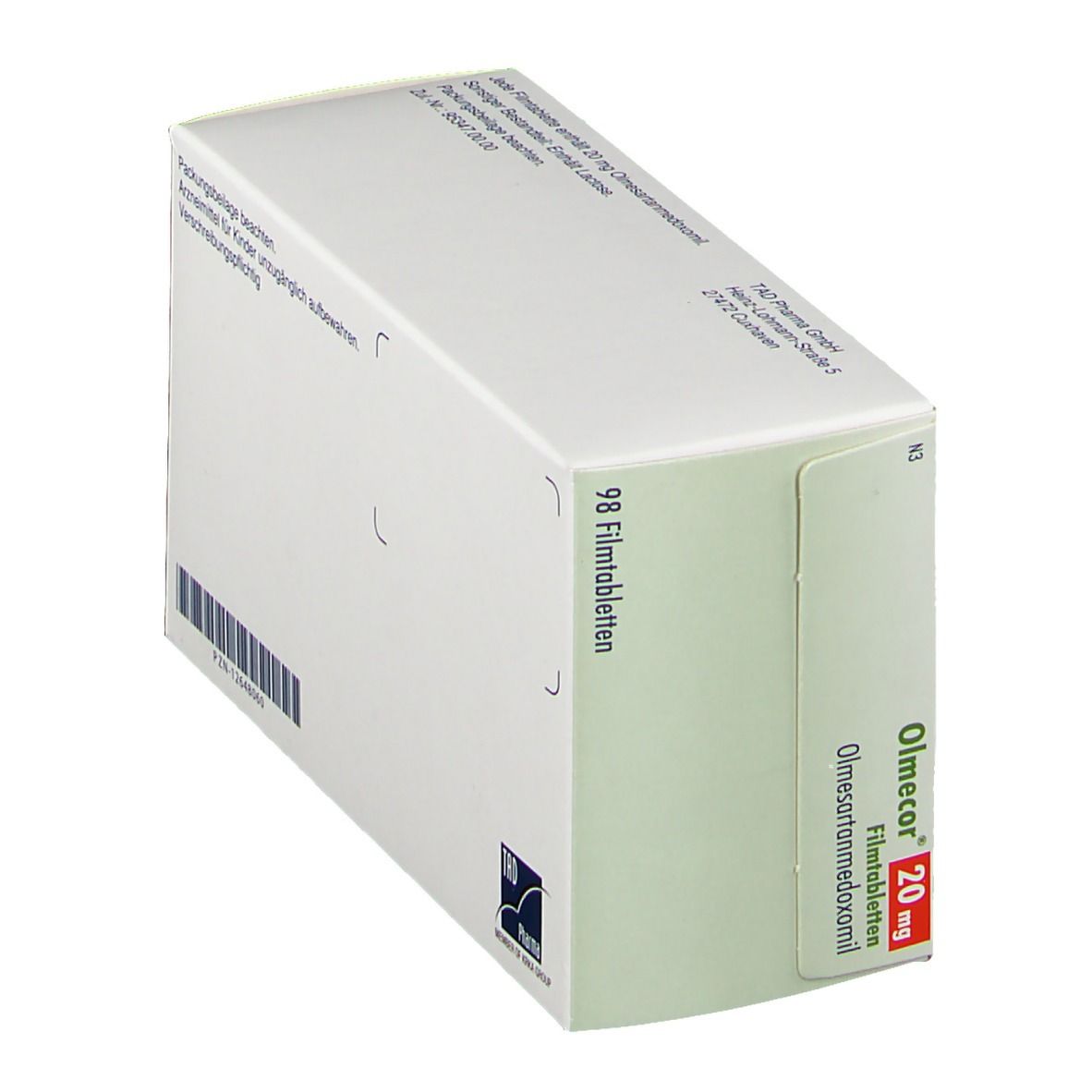 Olmecor 20 mg Packung, schräg. Weiß mit Text. Enthält 98 Filmtabletten. Aufschrift: Olmesartanmedoxomil.