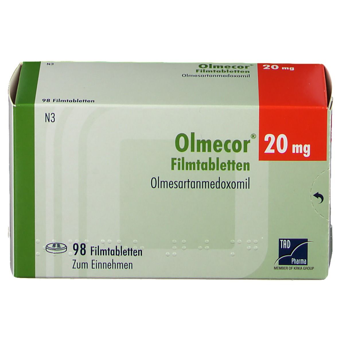 Olmecor 20 mg Filmtabletten-Packung. Grün-weißes Design mit rotem Akzent. Enthält 98 Tabletten. Aufschrift: Olmesartanmedoxomil.