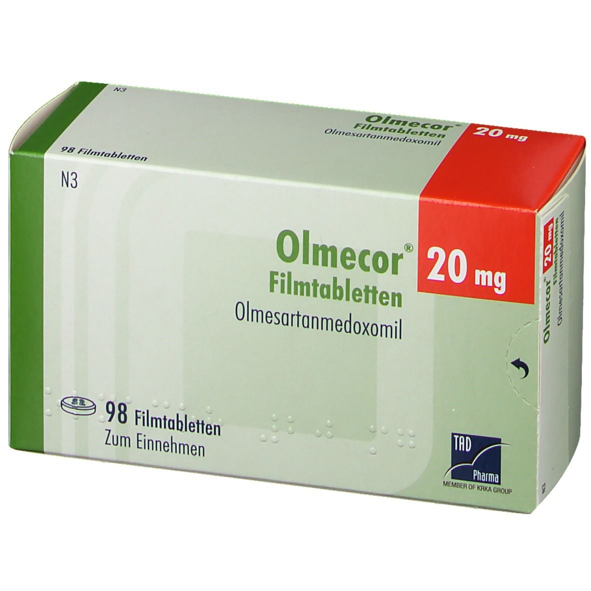 Olmecor 20 mg Filmtabletten-Packung. Grün-weißes Design mit rotem Akzent. Enthält 98 Tabletten. Aufschrift: Olmesartanmedoxomil.