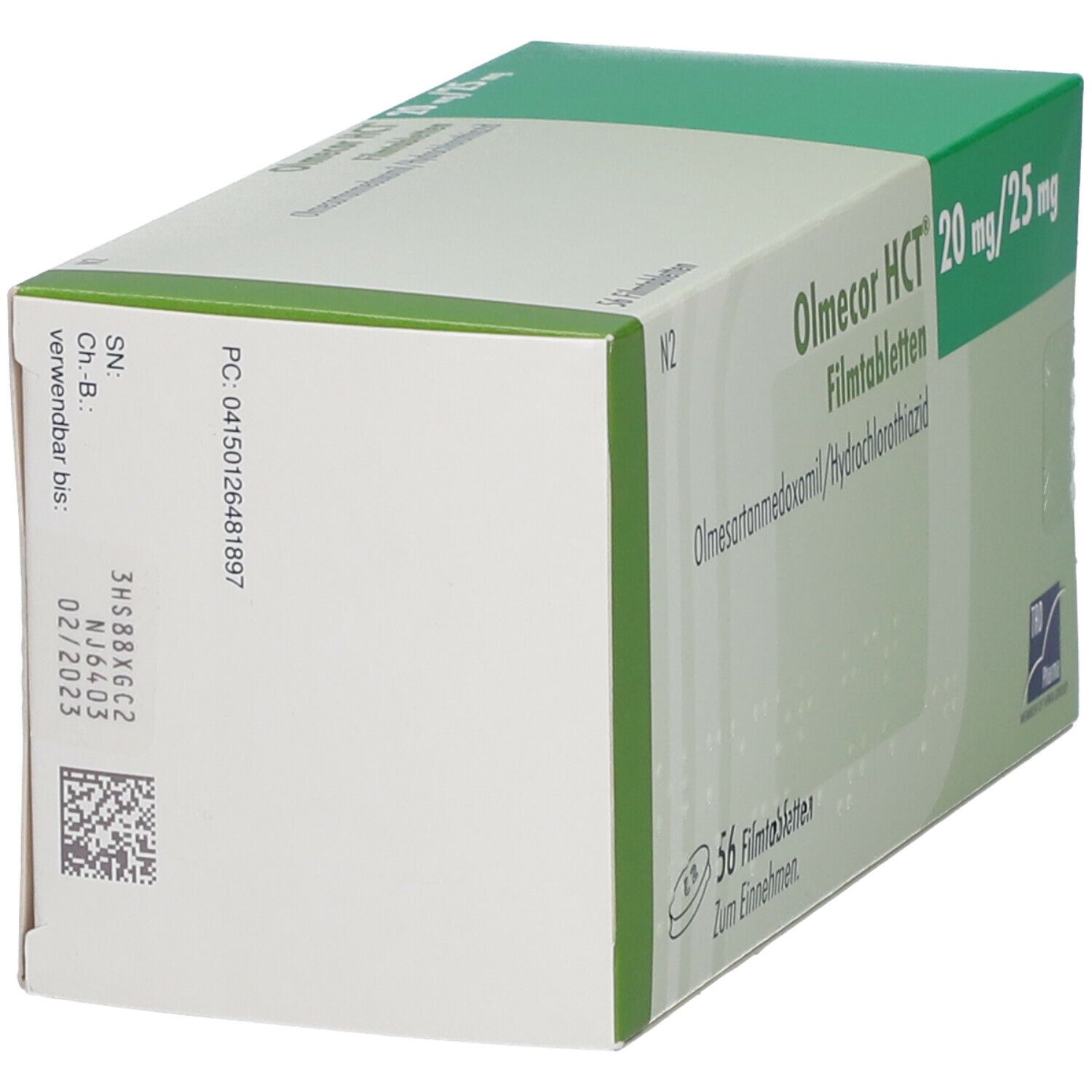 Olmecor HCT-Verpackung, Seitenansicht. Weiße Schachtel mit grünen Akzenten. Angaben zu Chargennummer, Verfallsdatum und Barcode.