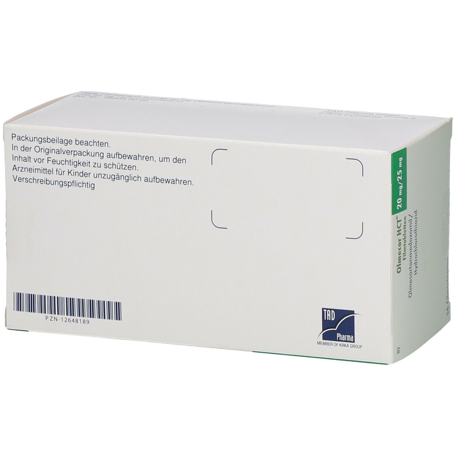 Rückseite der Olmecor HCT-Verpackung. Weiße Schachtel mit Text über Aufbewahrung und Inhaltsstoffe. Barcode und TRD Pharma-Logo.