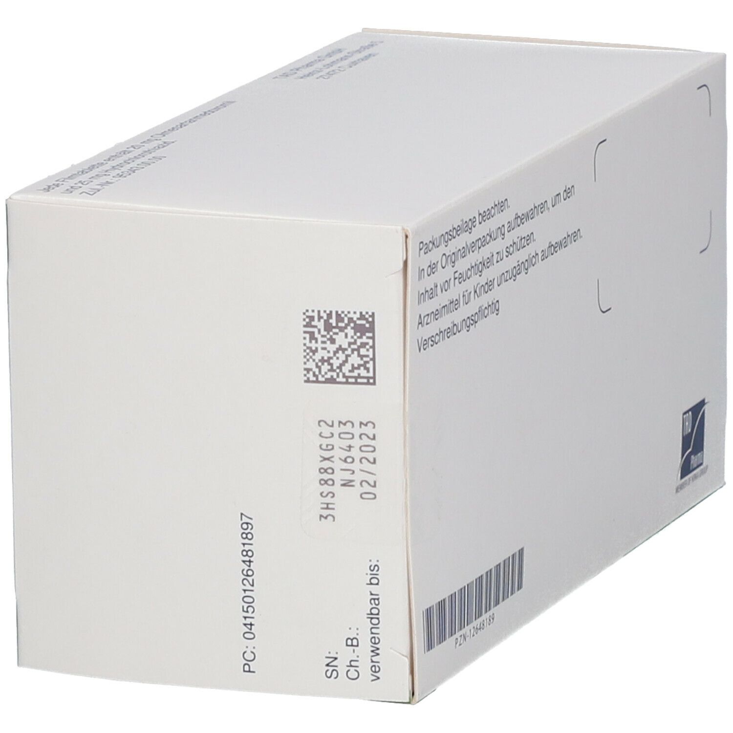 Olmecor HCT-Verpackung, Seitenansicht. Weiße Schachtel mit grünen Akzenten. Angaben zu Chargennummer, Verfallsdatum und Barcode.
