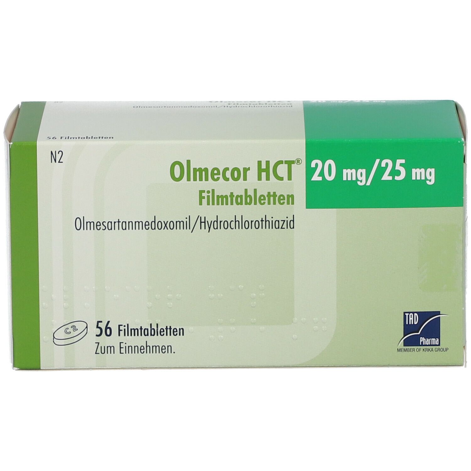 Olmecor HCT 20 mg/25 mg Filmtabletten-Packung. Grün-weiße Schachtel mit Produktnamen, Dosierung und Inhaltsstoffen. 56 Tabletten.