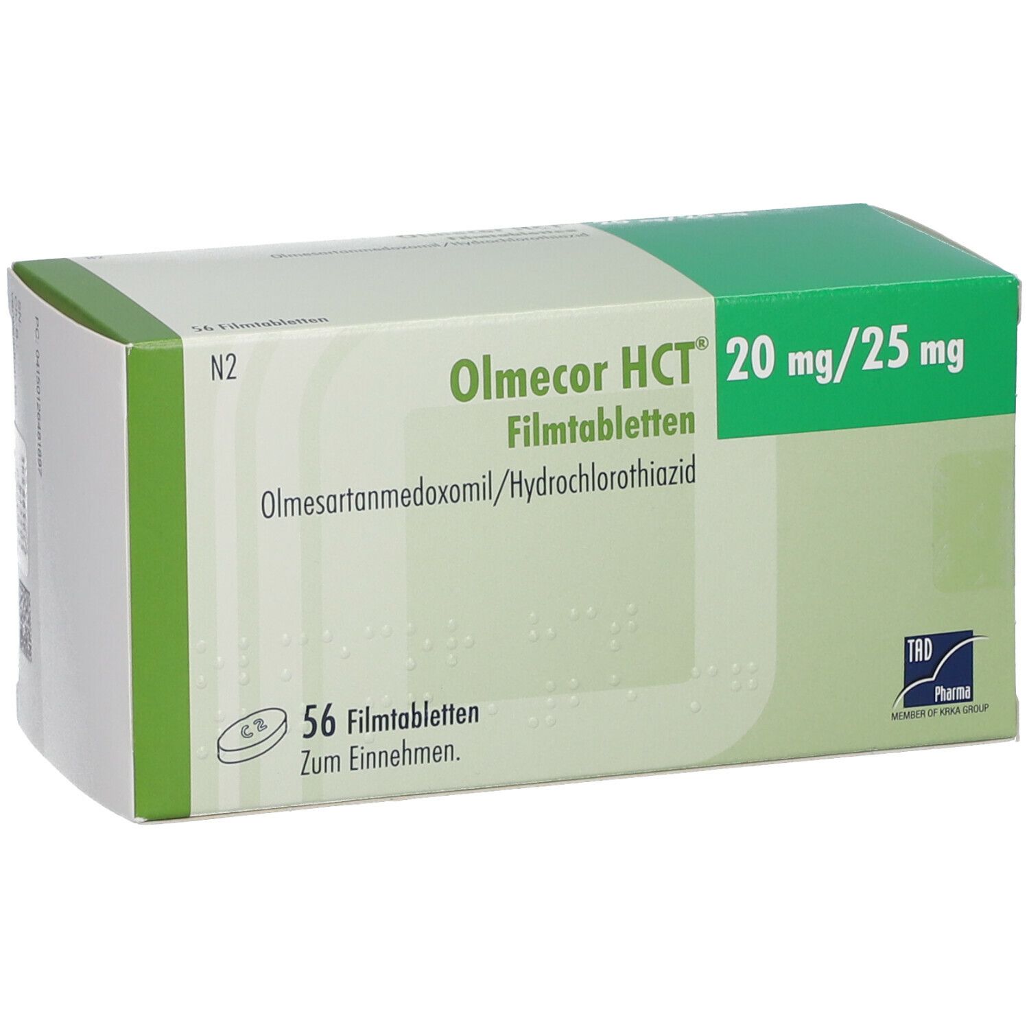 Olmecor HCT 20 mg/25 mg Filmtabletten-Packung. Grün-weiße Schachtel mit Produktnamen, Dosierung und Inhaltsstoffen. 56 Tabletten.