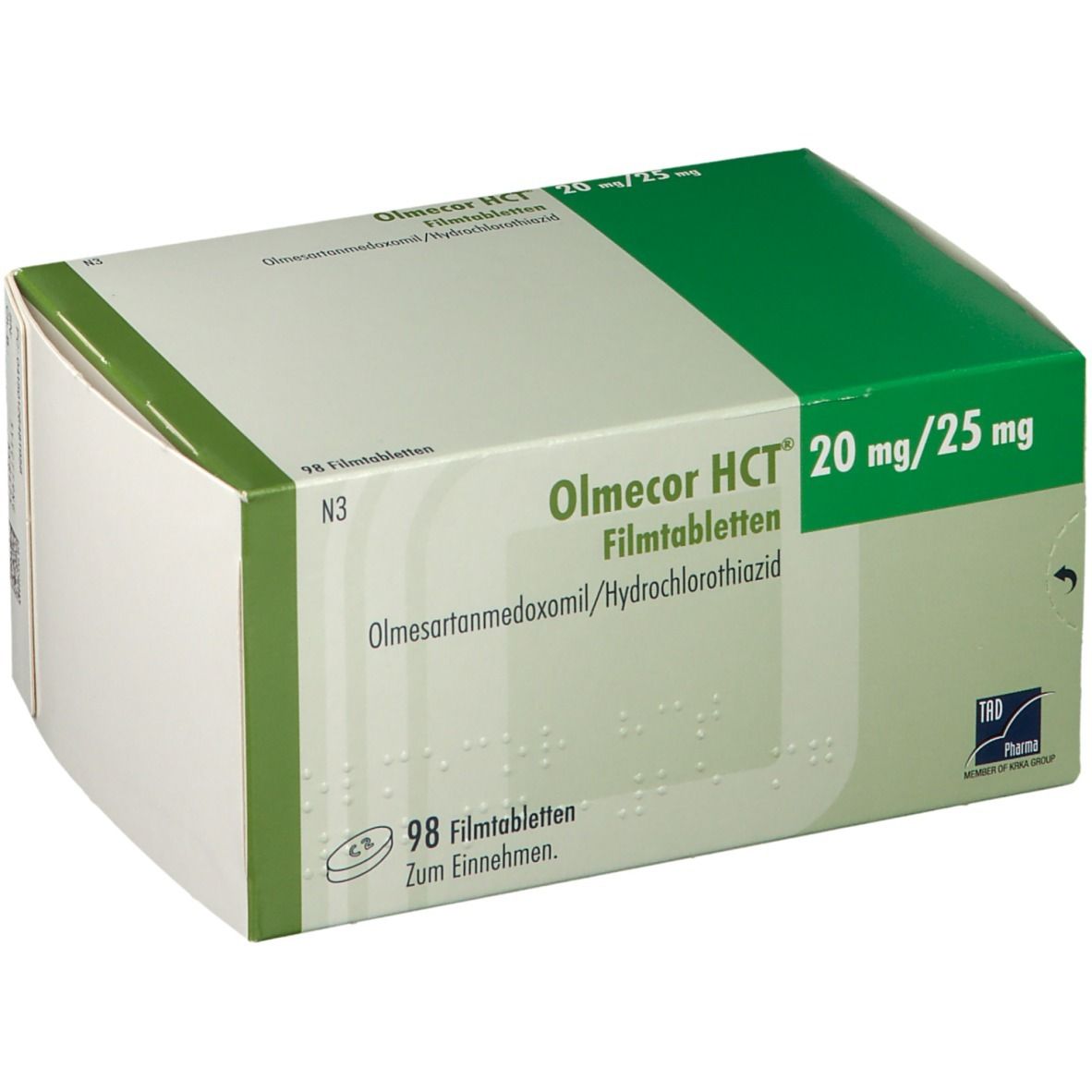 Olmecor HCT 20 mg/25 mg Packung. Grün-weiße Schachtel mit Produktinformationen und Logo.