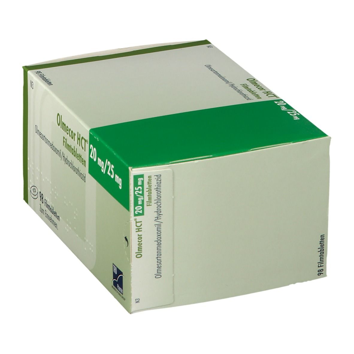 Olmecor HCT 20 mg/25 mg Packung, Seitenansicht. Grün-weiße Schachtel mit Text.