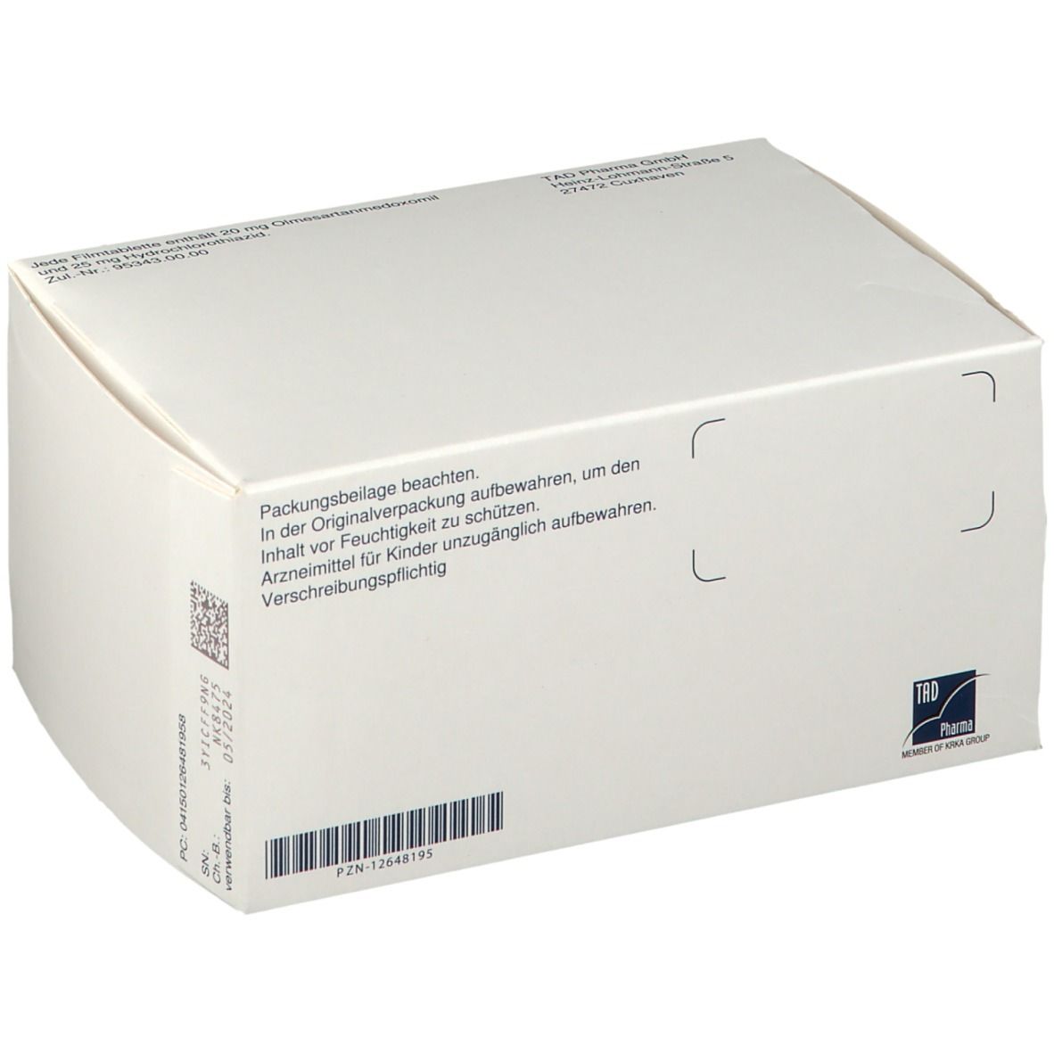 Rückseite der Olmecor HCT Packung. Weiße Schachtel mit Text und Barcode.