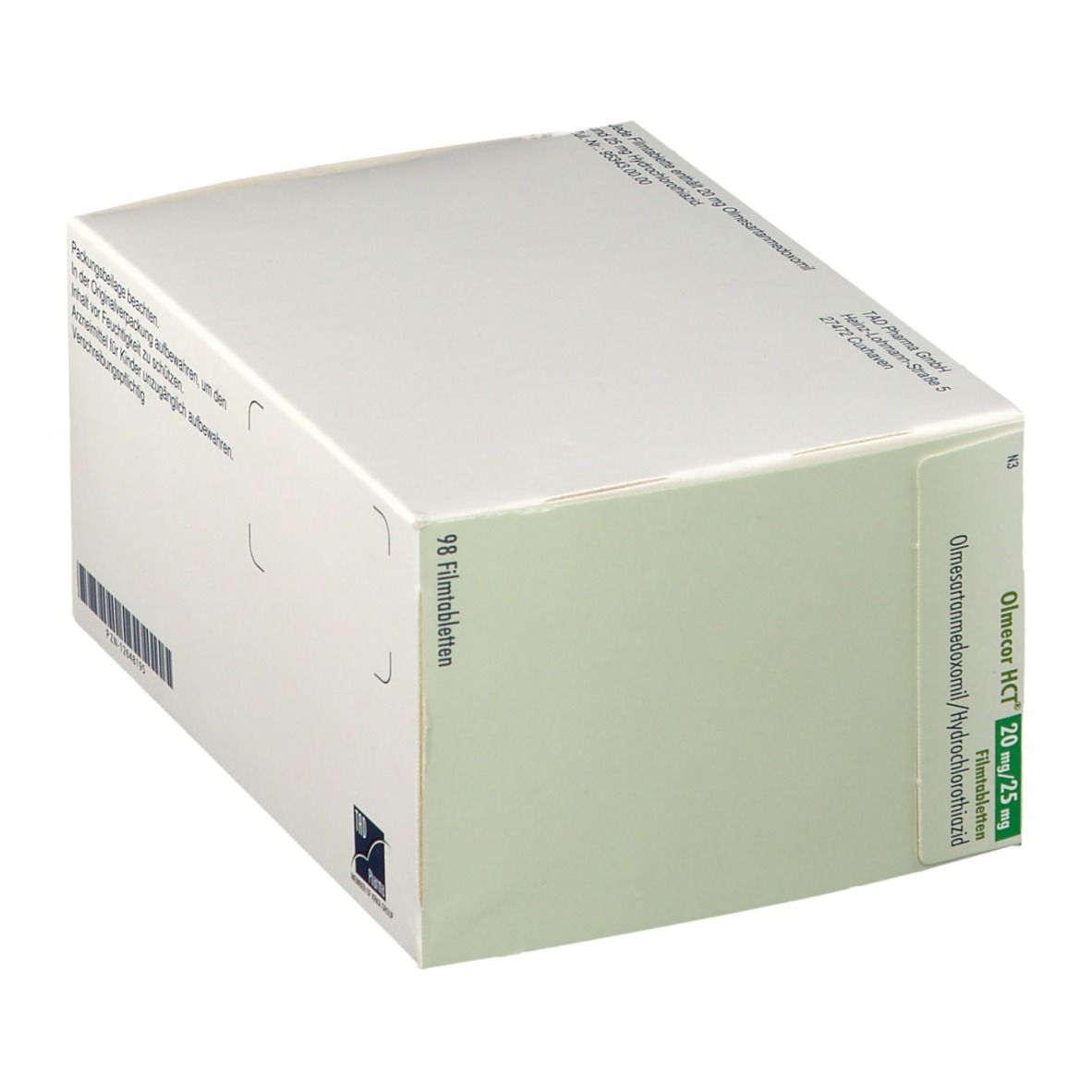 Olmecor HCT Packung, Seitenansicht. Weiße Schachtel mit Text und grünem Streifen.