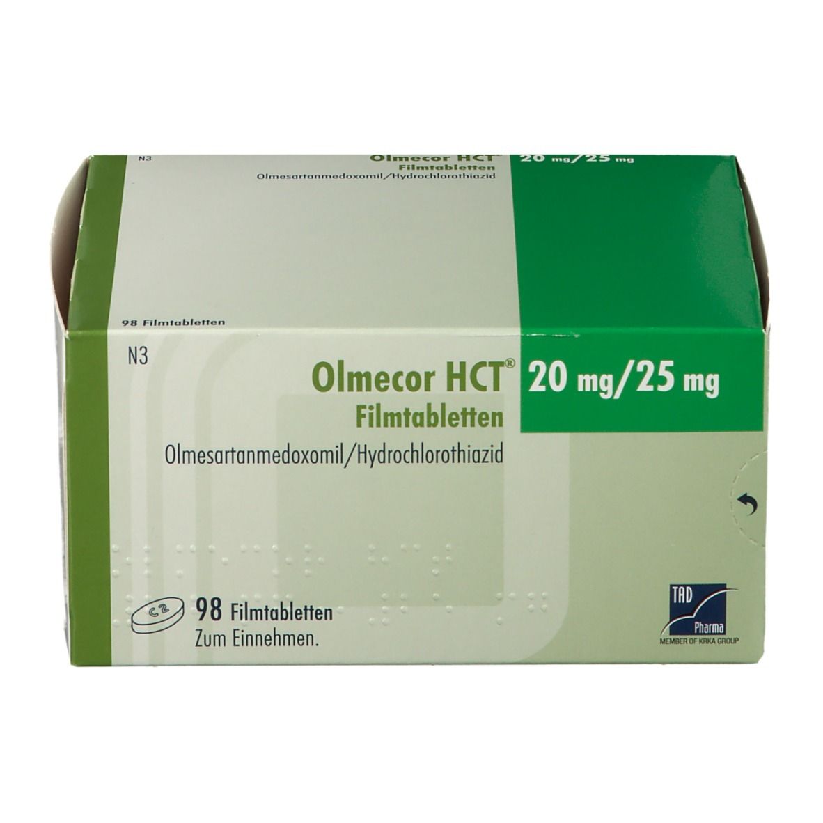 Olmecor HCT 20 mg/25 mg Packung. Grün-weiße Schachtel mit Produktinformationen.