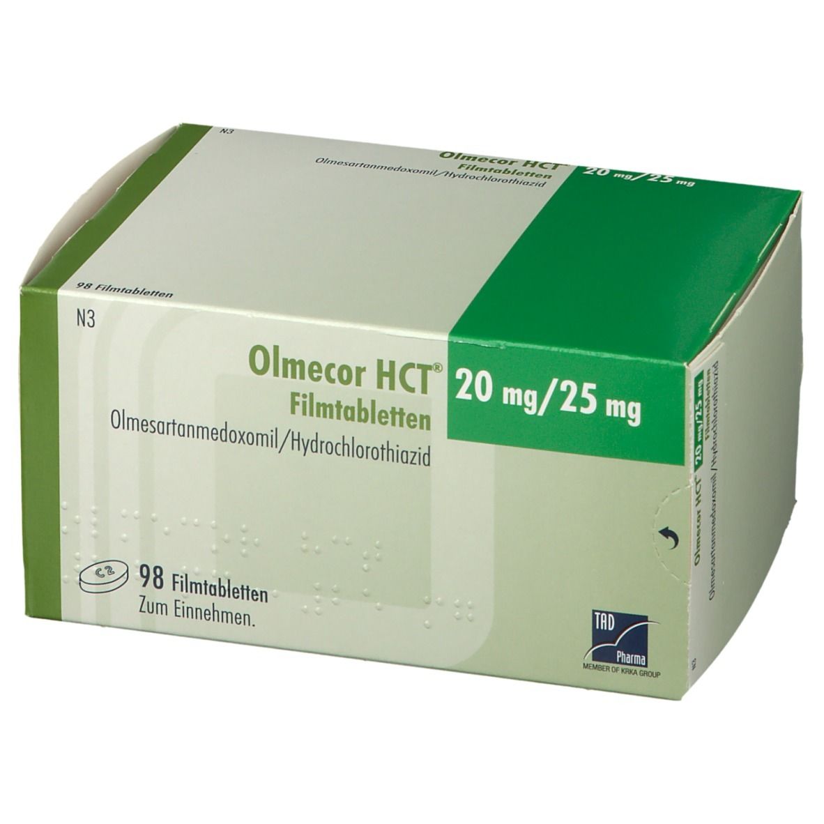 Olmecor HCT 20 mg/25 mg Packung. Grün-weiße Schachtel mit Produktinformationen und Logo.