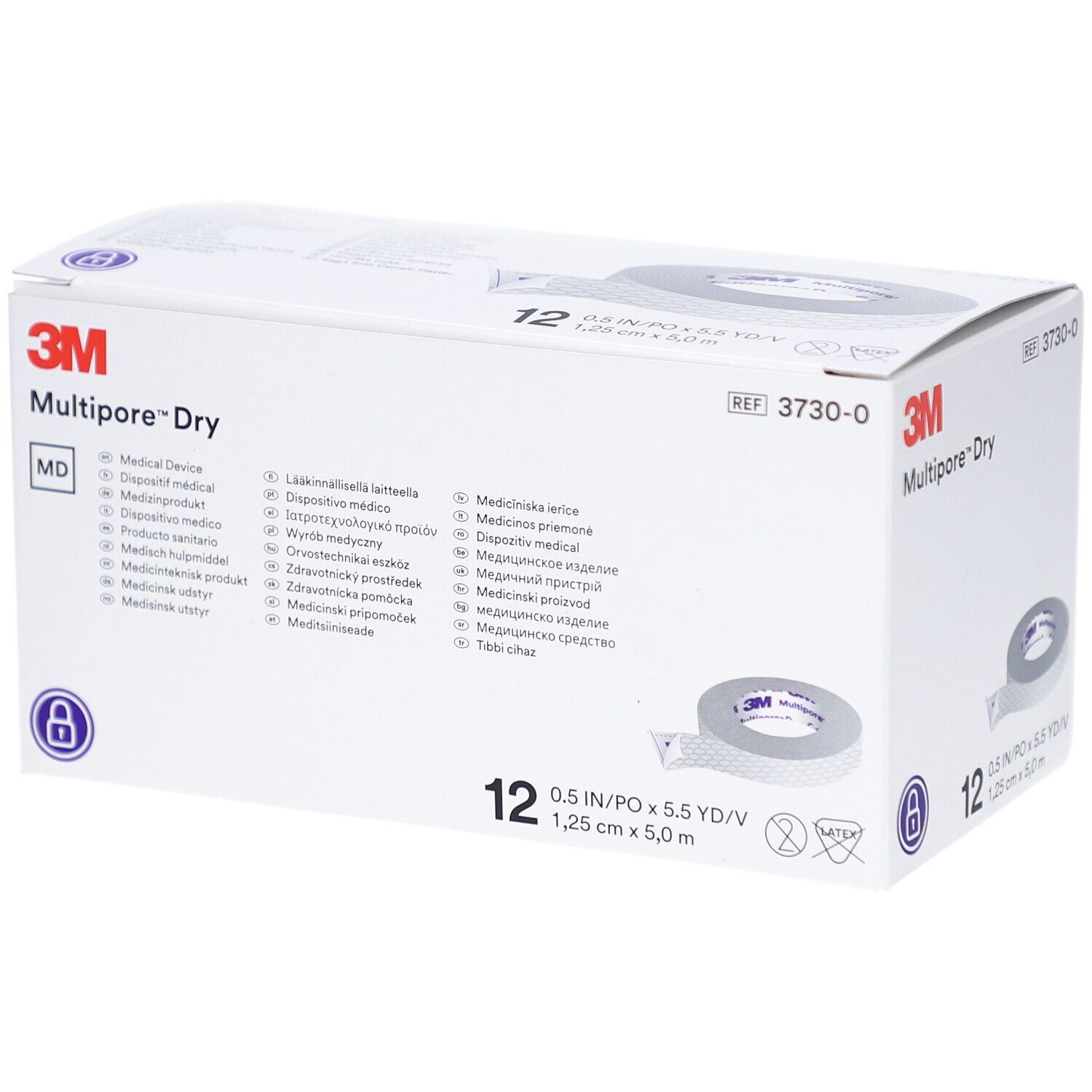Verpackung mit 12 Rollen medizinischem Pflaster. Marke 3M, Produktname Multipore Dry. Größe 1,25 cm x 5 m. Aufdruck MD.