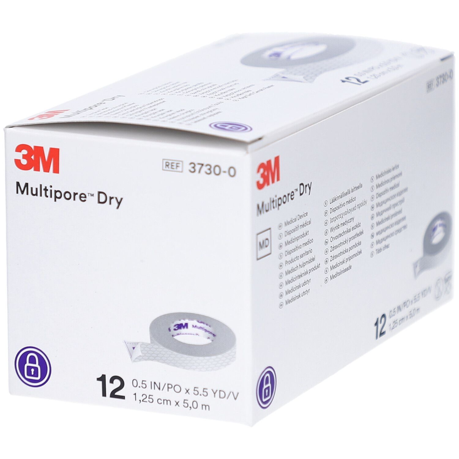 Verpackung mit 12 Rollen medizinischem Pflaster. Marke 3M, Produktname Multipore Dry. Größe 1,25 cm x 5 m. Aufdruck MD.