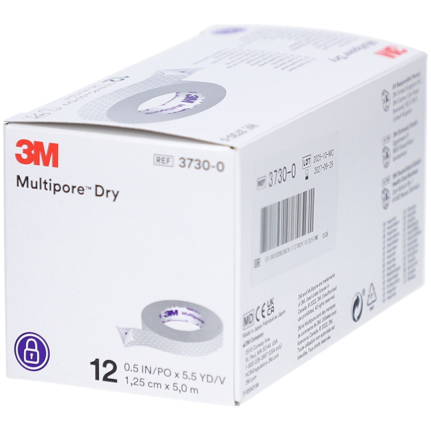 Verpackung mit 12 Rollen medizinischem Pflaster. Marke 3M, Produktname Multipore Dry. Größe 1,25 cm x 5 m. Aufdruck MD.