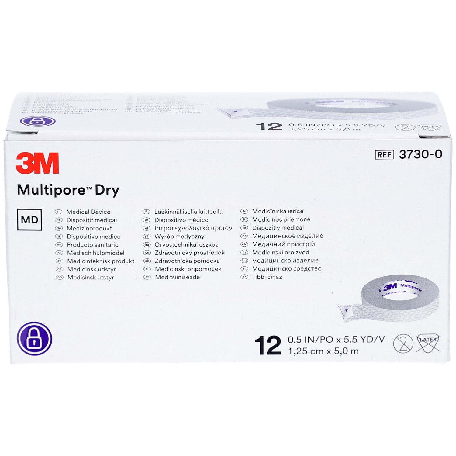 Verpackung mit 12 Rollen medizinischem Pflaster. Marke 3M, Produktname Multipore Dry. Größe 1,25 cm x 5 m. Aufdruck MD.