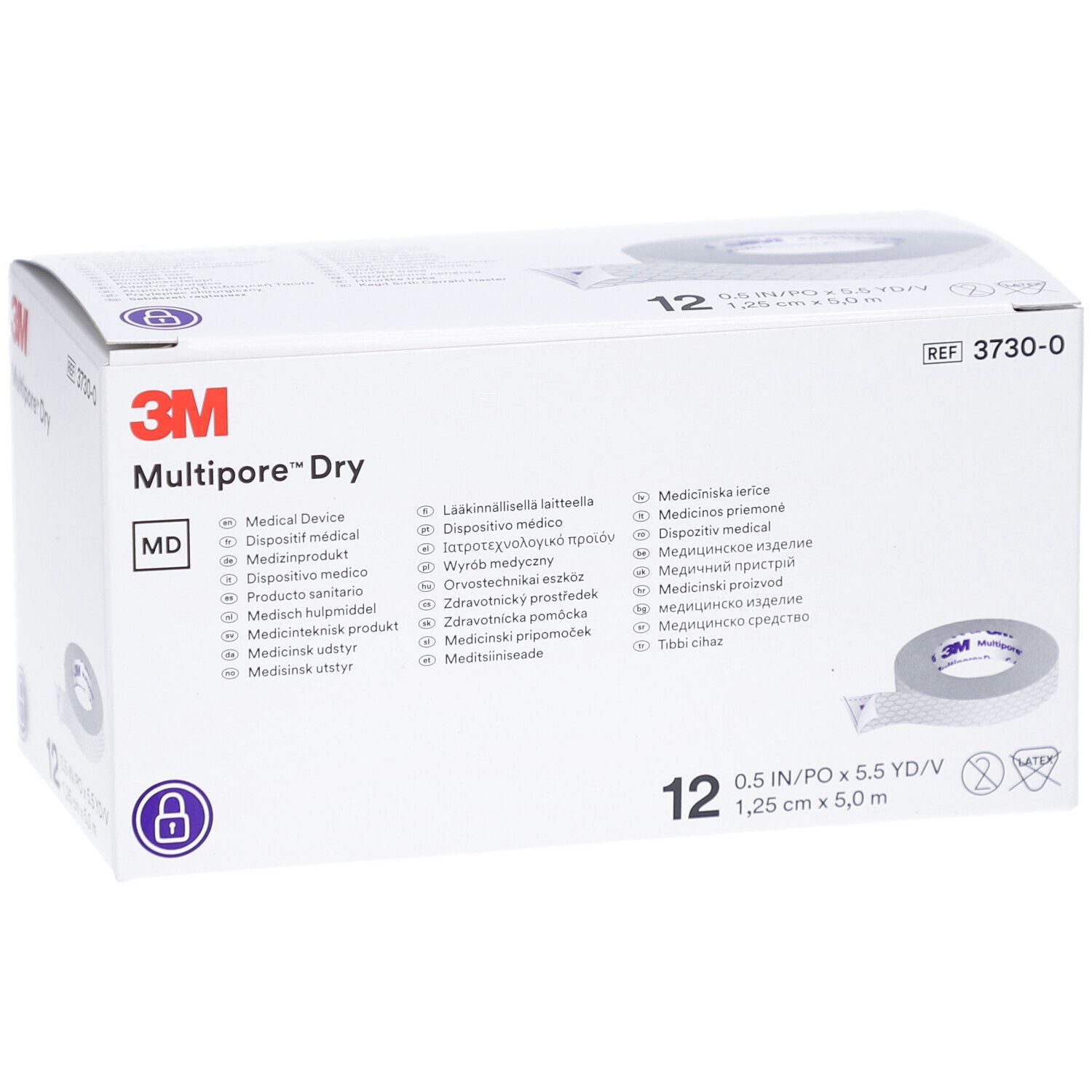 Verpackung mit 12 Rollen medizinischem Pflaster. Marke 3M, Produktname Multipore Dry. Größe 1,25 cm x 5 m. Aufdruck MD.