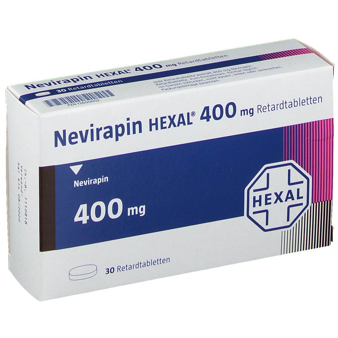 Schachtel mit Nevirapin HEXAL 400 mg Retardtabletten. Blaue und weiße Verpackung mit Produktnamen und HEXAL-Logo. 30 Tabletten.