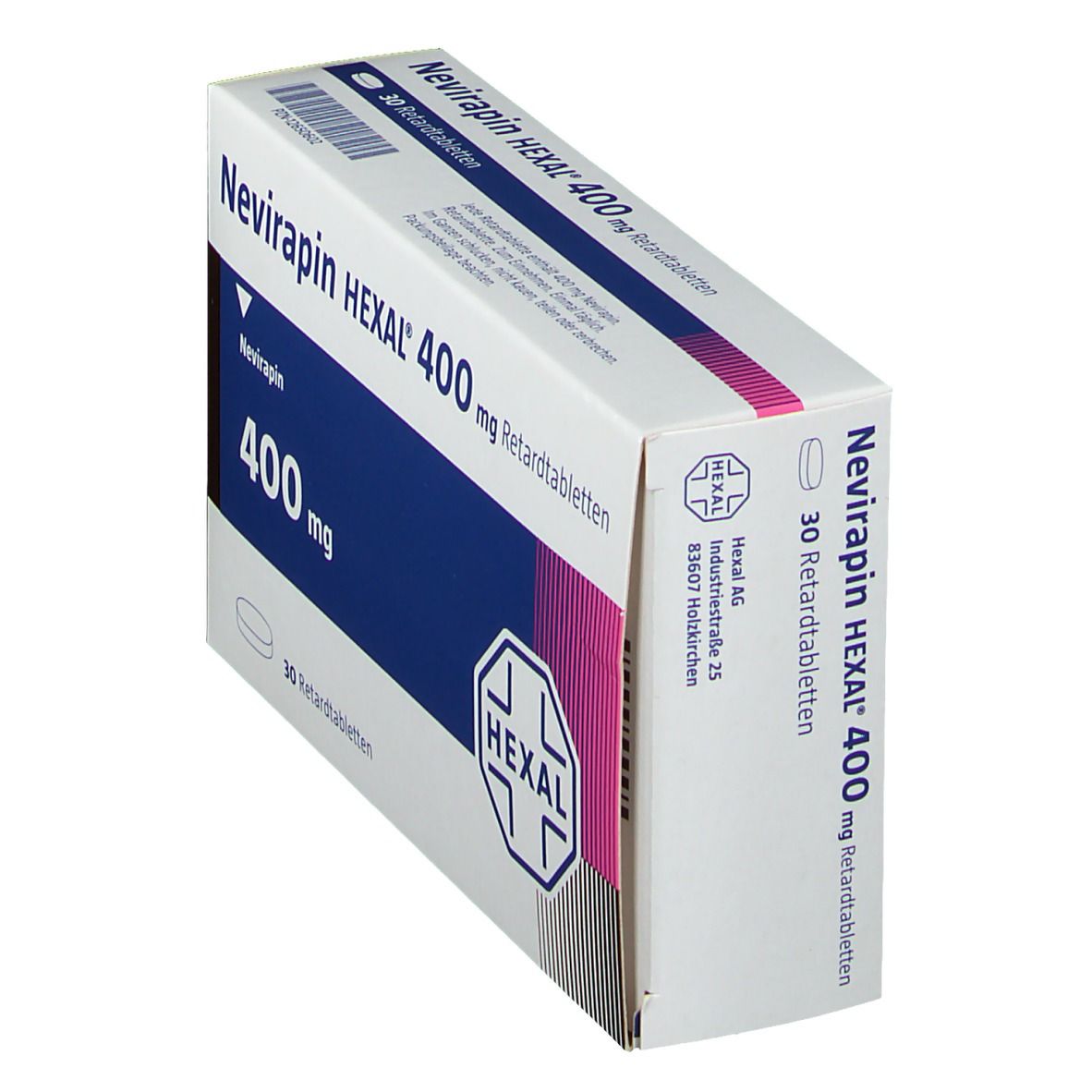 Schachtel mit Nevirapin HEXAL 400 mg Retardtabletten, schräg gestellt. Weiße Verpackung mit Produktnamen und HEXAL-Logo. 30 Tabletten.