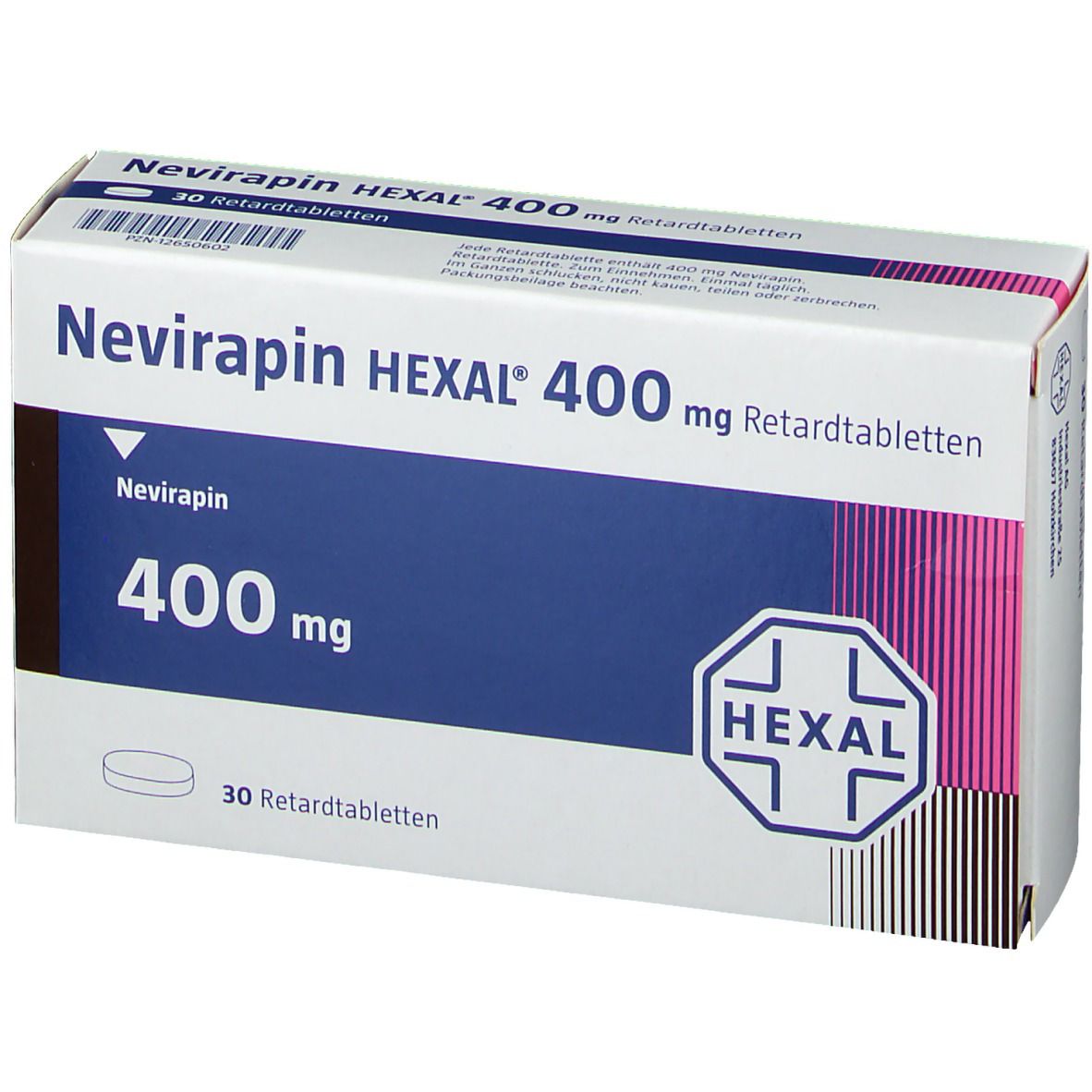 Schachtel mit Nevirapin HEXAL 400 mg Retardtabletten. Blaue und weiße Verpackung mit Produktnamen und HEXAL-Logo. 30 Tabletten.