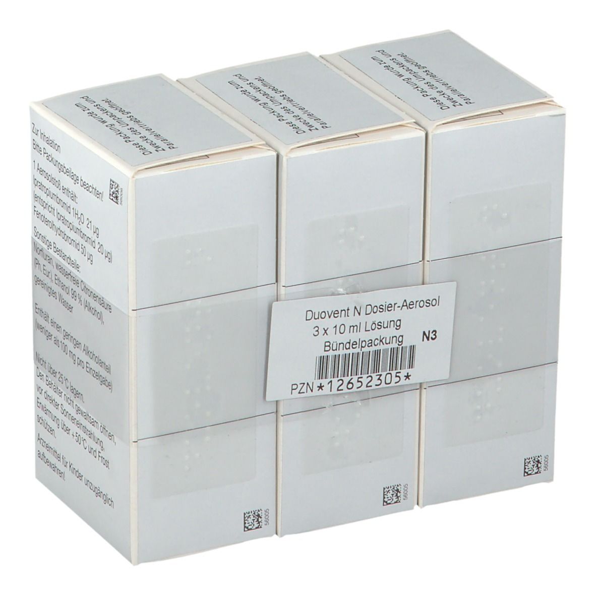Drei Packungen Duovent® N Dosier-Aerosol in einer Bündelpackung. Aufdruck: 3 x 10 ml Lösung.