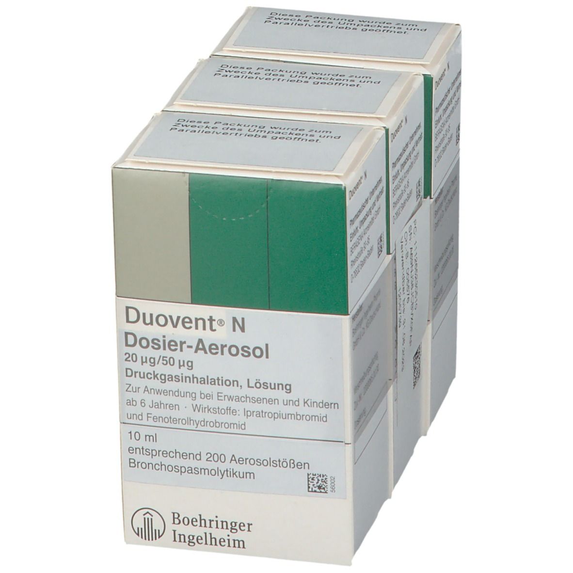 Duovent® N Dosier-Aerosol-Packung. Enthält 10 ml Lösung, ausreichend für 200 Sprühstöße. Hersteller: Boehringer Ingelheim.