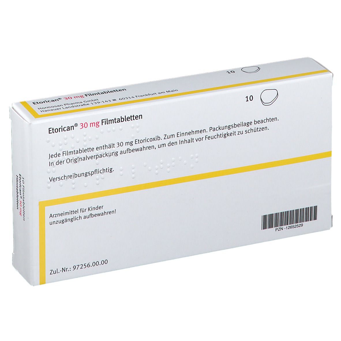 Rückseite der Etorican® 30 mg Schachtel. Text: 10 Filmtabletten. Informationen und Warnhinweise. Zul.-Nr. 97256.00.00. Barcode.