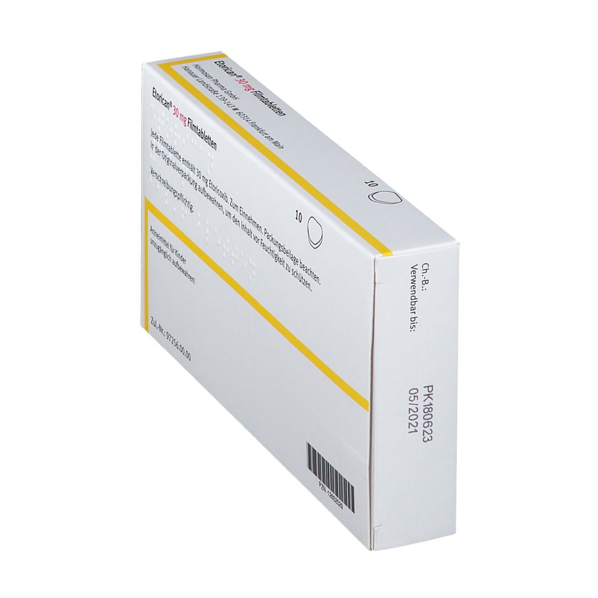 Schrägansicht der Etorican® 30 mg Schachtel. Text: 10 Filmtabletten. Informationen. Verfallsdatum 05/2021. Barcode.