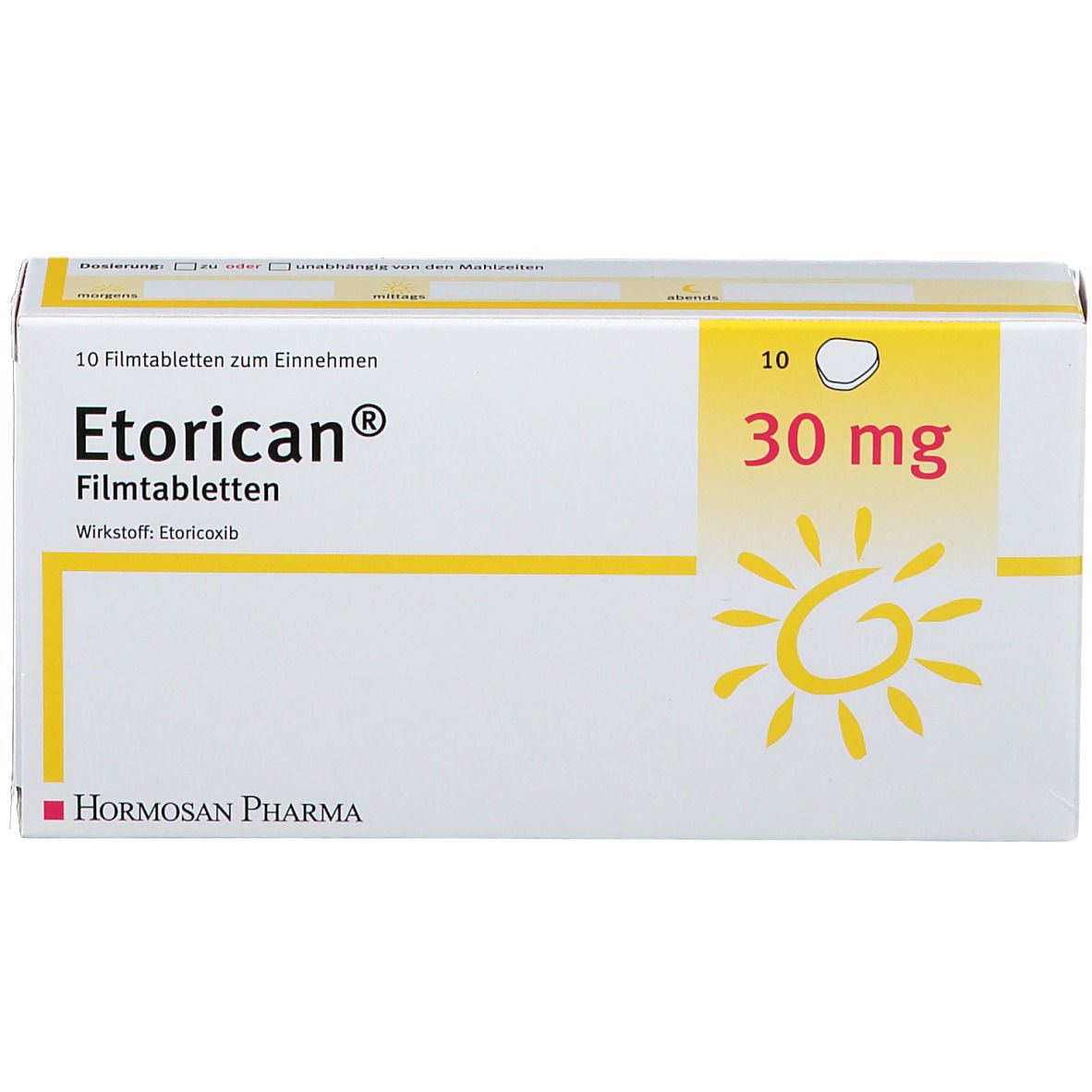 Schachtel mit Etorican® 30 mg Filmtabletten. Aufschrift: 10 Filmtabletten. Gelbes Feld mit Sonne und 30 mg. Hormosan Pharma Logo.