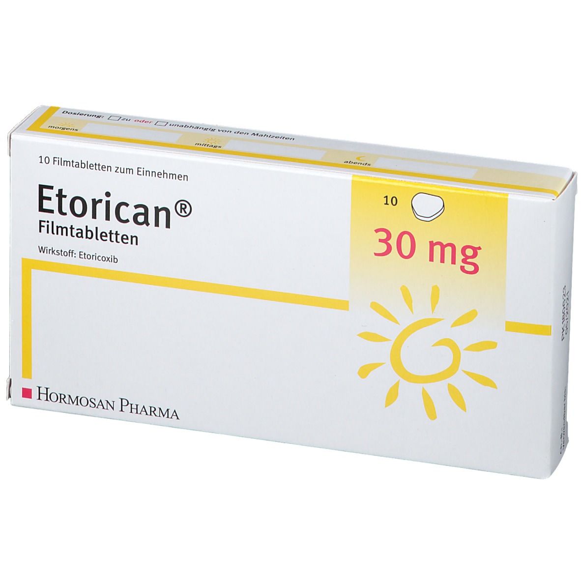 Schachtel mit Etorican® 30 mg Filmtabletten. Aufschrift: 10 Filmtabletten. Gelbes Feld mit Sonne und 30 mg. Hormosan Pharma Logo.