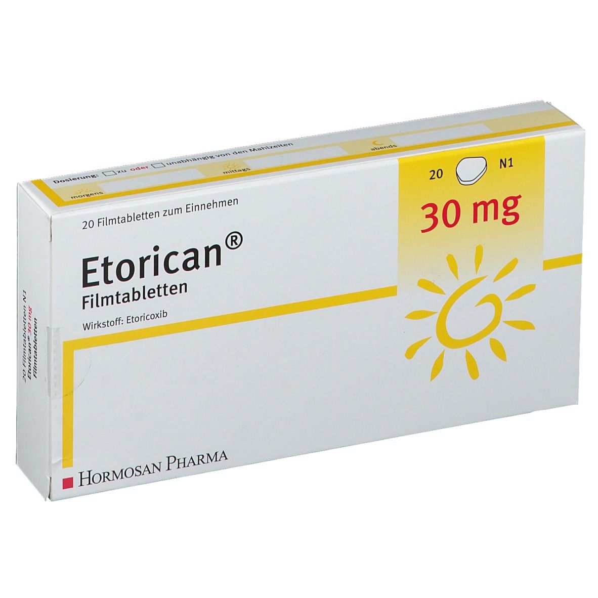 Weiße Schachtel mit Etorican® 30 mg. Aufdruck: 20 Filmtabletten, Wirkstoff Etoricoxib. Gelbes Feld mit Sonne und 30 mg.