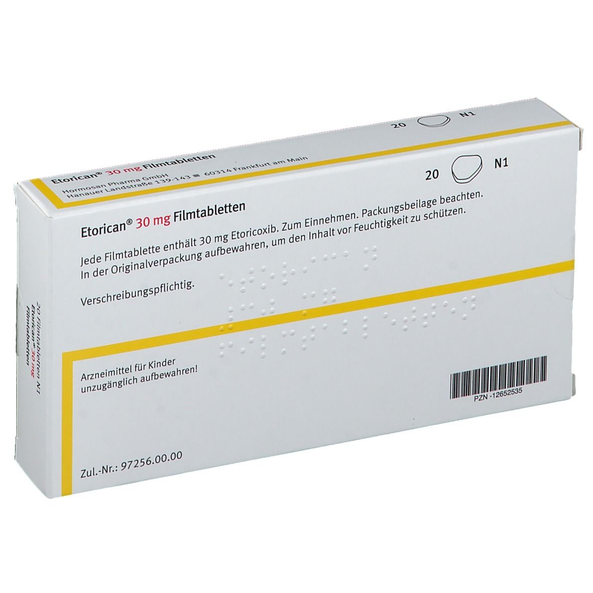 Rückseite der Etorican® 30 mg Schachtel. Text: 20 Filmtabletten. Wirkstoff Etoricoxib. Herstellerinformationen. Barcode und Zulassungsnummer.
