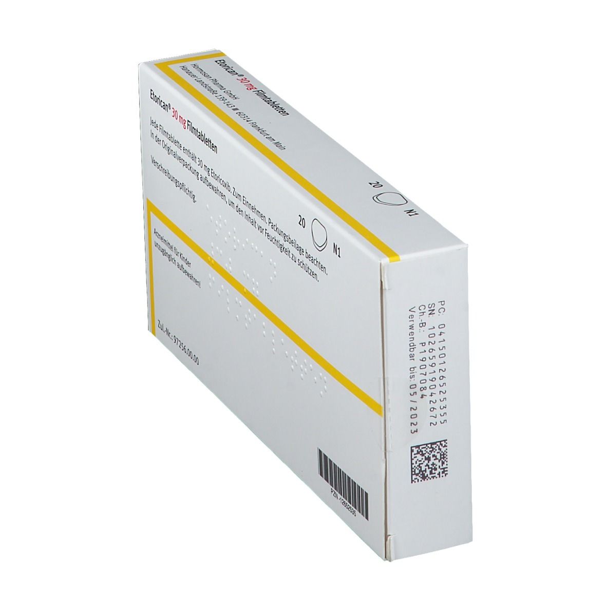 Schräg gestellte Etorican® 30 mg Schachtel. Rückseite mit Text und Barcode. Herstellerinformationen und Verfallsdatum.