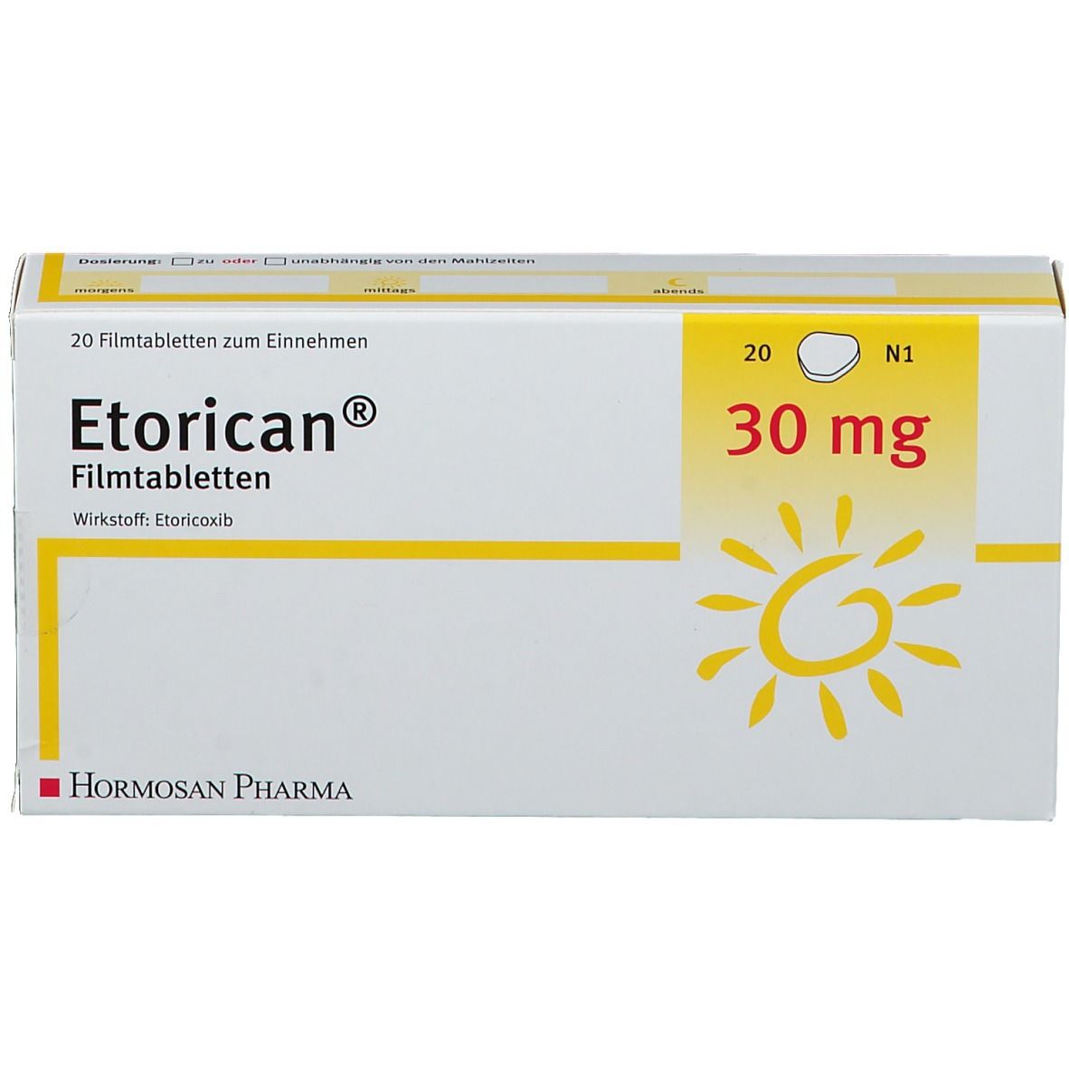Etorican® 30 mg Schachtel. Aufdruck: 20 Filmtabletten. Gelbes Feld mit Sonne und 30 mg. Hormosan Pharma Logo. Text zum Einnehmen.