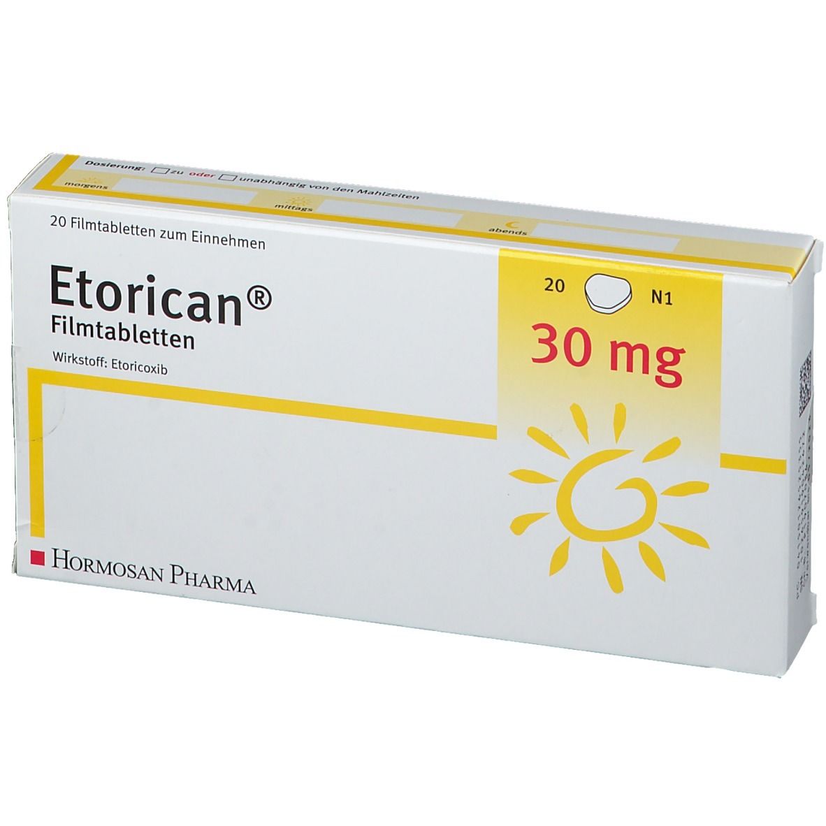 Etorican® 30 mg Schachtel. Aufdruck: 20 Filmtabletten. Gelbes Feld mit Sonne und 30 mg. Hormosan Pharma Logo. Wirkstoff Etoricoxib.